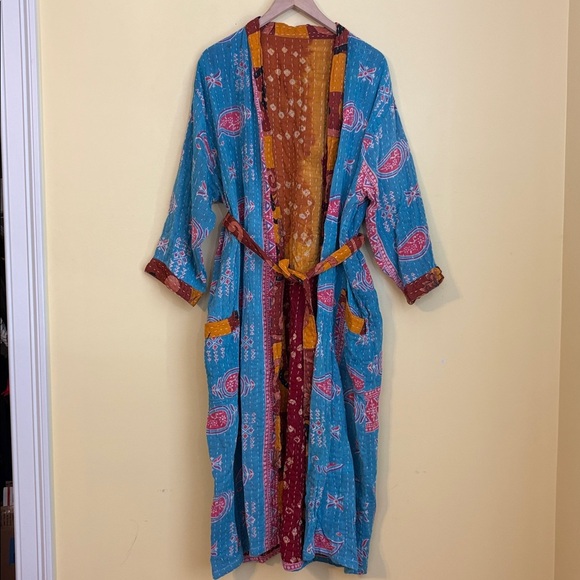 Handmade India Kantha Stitch Cotton Floral Contrast Tie Pockets Duster Cardigan - Picture 1 of 17